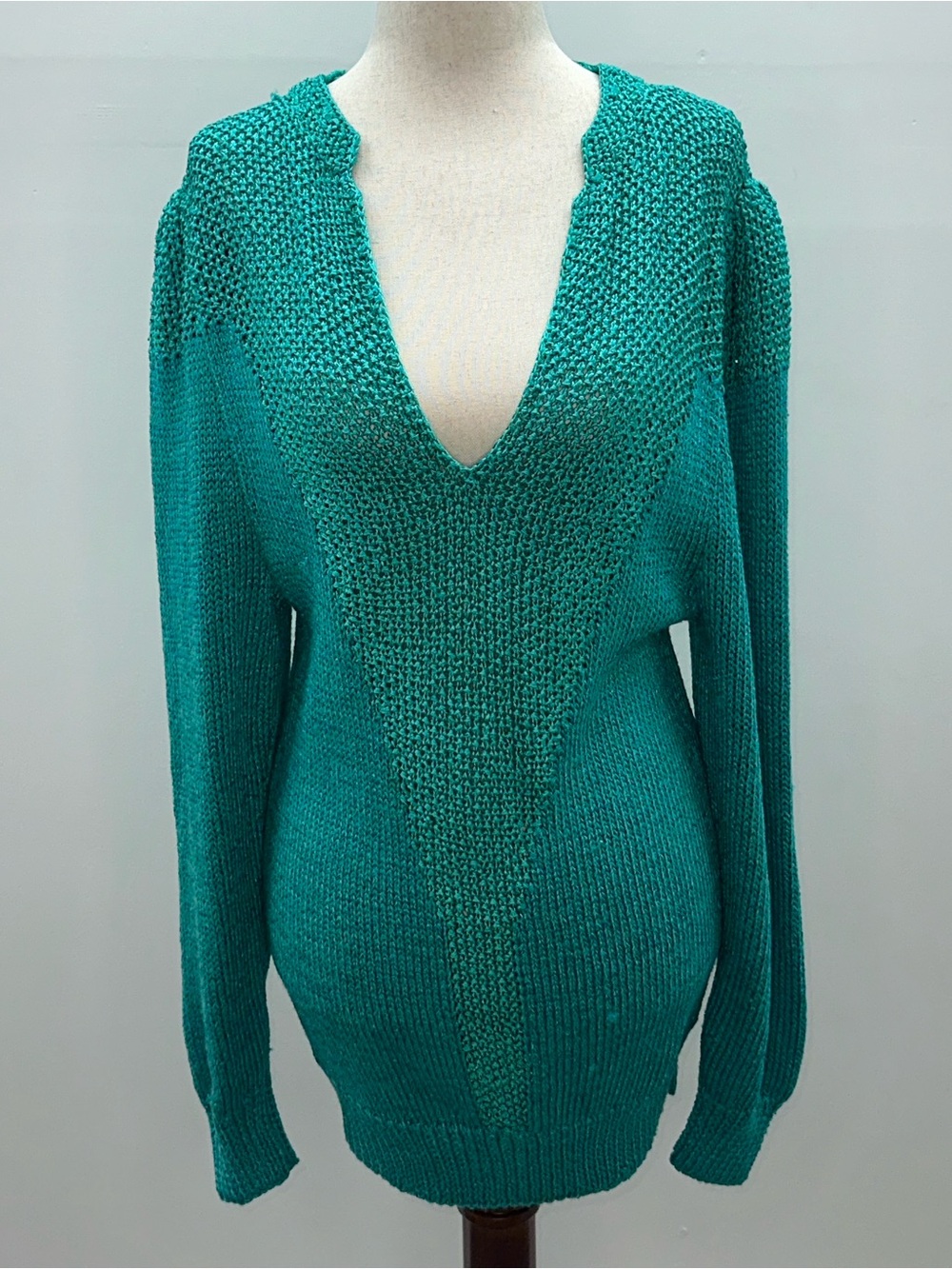 Vintage 80s Nannell Teal Green Open Knit V-Neck Sweater Rayon Wool Blend Size L